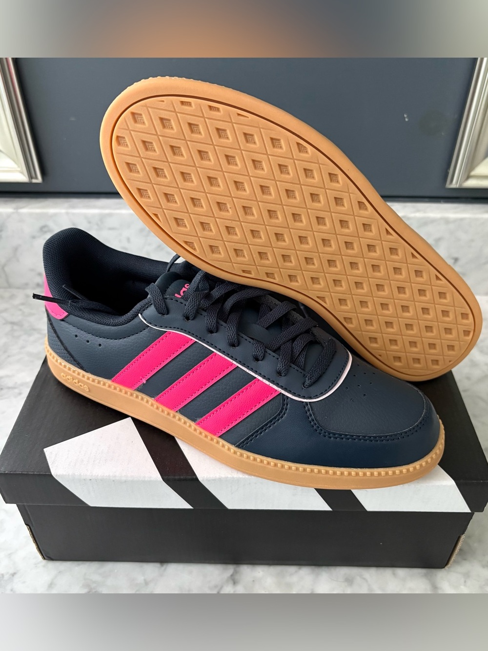 Adidas Breaknet Sleek Youth Kid Sneakers Size 6 Girl Pink Navy Gum Lace Up Shoe